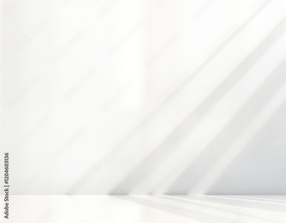 Poster empty white room with soft shadows. sunlight casts gentle shadows on plain white wall, floor. simple