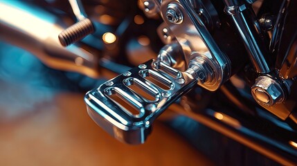 Fototapeta premium Close-up of a chrome motorcycle foot peg, showcasing its detailed design and metallic sheen against a blurred background.