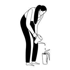 vector linear outline illustration, a girl bent over watering a wilted floor plant with a watering can. Vector illustration