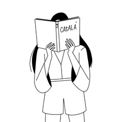 vector linear outline illustration, a girl intently studying Catalan language, with an open book held close to her face. Vector illustration