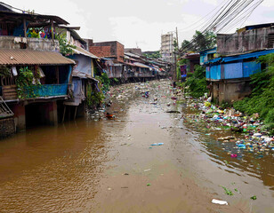 Fototapeta premium A river polluted with waste and garbage from a crowded urban neighborhood on the edge of the city.