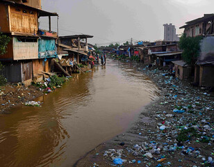 A river in a densely populated settlement with polluted water and a lot of garbage.