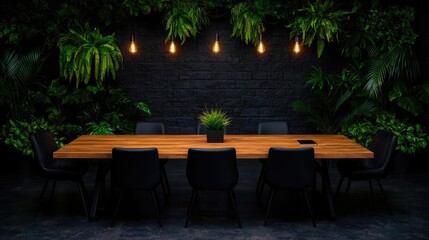Lush greenery indoor meeting room, dark brick wall, long wooden table, black chairs.  Use business meeting visuals