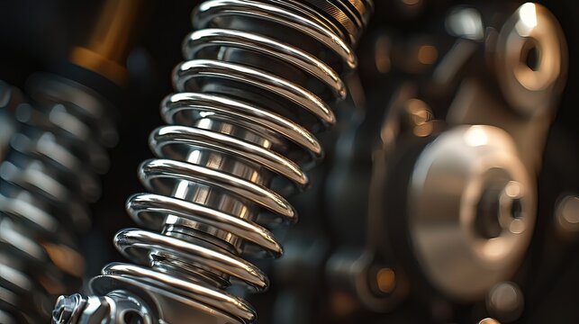 Close-up of a shiny chrome motorcycle shock absorber spring and surrounding engine parts.