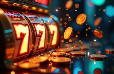 Casino slot machine shows triple seven 777. Golden coins fly out of machine. Night scene. Bright lights illuminate machine. Gambling atmosphere. Las Vegas style casino. High excitement level. Casino
