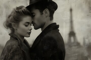 Romantic couple kissing in Paris with Eiffel Tower on background. Valentine's Day, wedding, honeymoon. Love romantic concept. Old retro black and white monochrome style. Vintage dust and noise effect