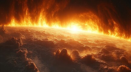 Stunning Cosmic View of Planet Horizon at Sunrise with Dramatic Lighting and Vibrant Colors in Space