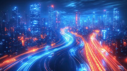 Fototapeta premium Futuristic Cyberpunk Cityscape with Neon Lights, Skyscrapers, and Illuminated Roads