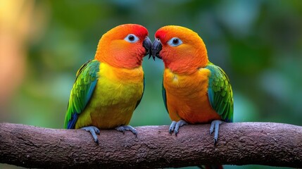 Obraz premium Two colorful sun conure parrots touching beaks in an affectionate gesture while perched on a branch in a lush tropical forest.