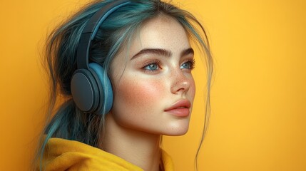 Girl with Blue Hair Listening to Music
