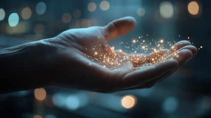 An open hand captures glowing, magical sparks of light against a blurred background, evoking wonder and the power of imagination.