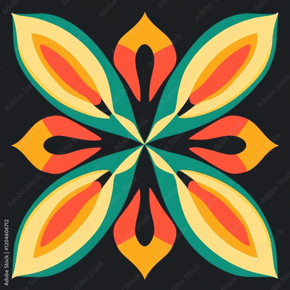 Fototapete colorful geometric design featuring leaf shapes arranged in a symmetrical pattern on a dark backgrou