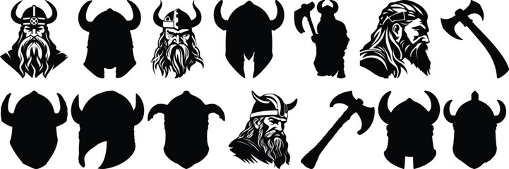 Viking silhouettes set, nordic pack of vector silhouette design, isolated background