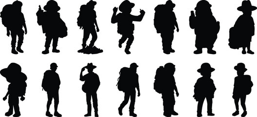 Hiking silhouettes set, adventure pack of vector silhouette design, isolated background