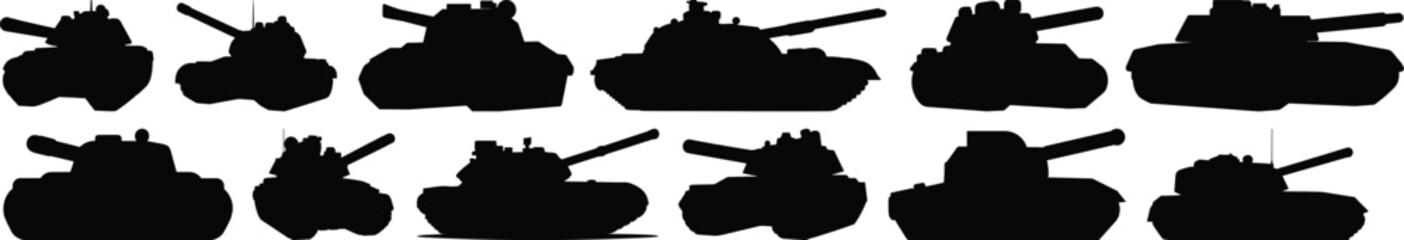 Tank silhouettes set, army pack of vector silhouette design, isolated background