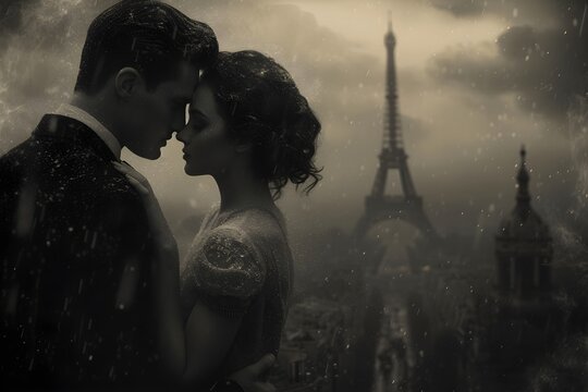 Romantic couple kissing in Paris with Eiffel Tower on background. Valentine's Day, wedding, honeymoon. Love romantic concept. Old retro black and white monochrome style. Vintage dust and noise effect
