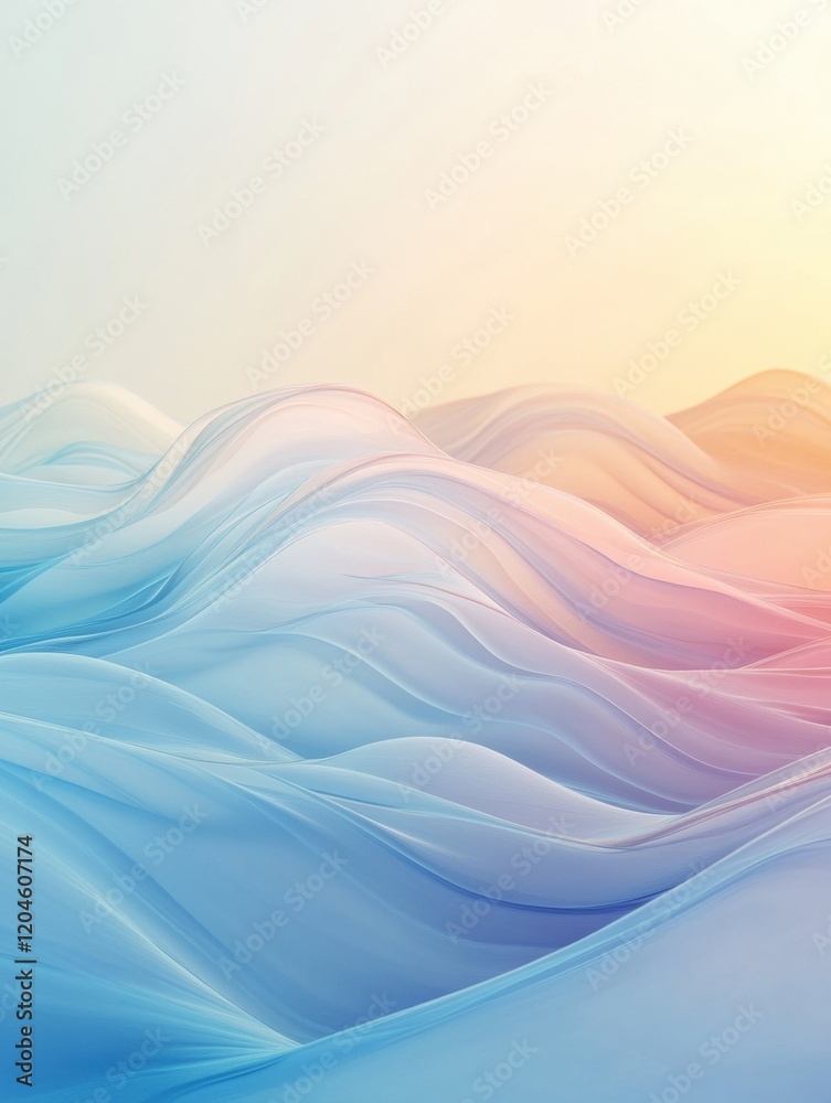 Poster soft pastel waves blend together in gentle gradients reflecting morning light over a tranquil horizo