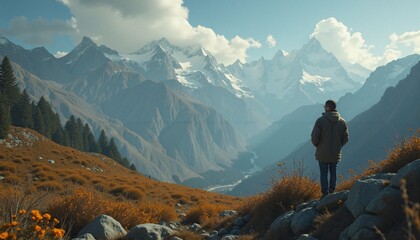 Fototapeta premium Man Gazing at Majestic Mountains