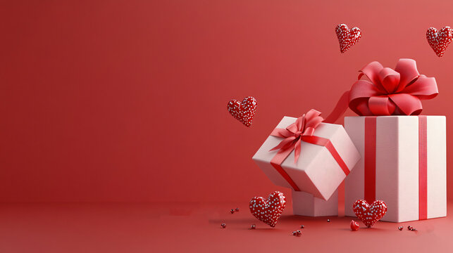 valentine day, Love concept, open gift box 3d hearts and romantic valentine decorations, pastel red color background,Generative ai