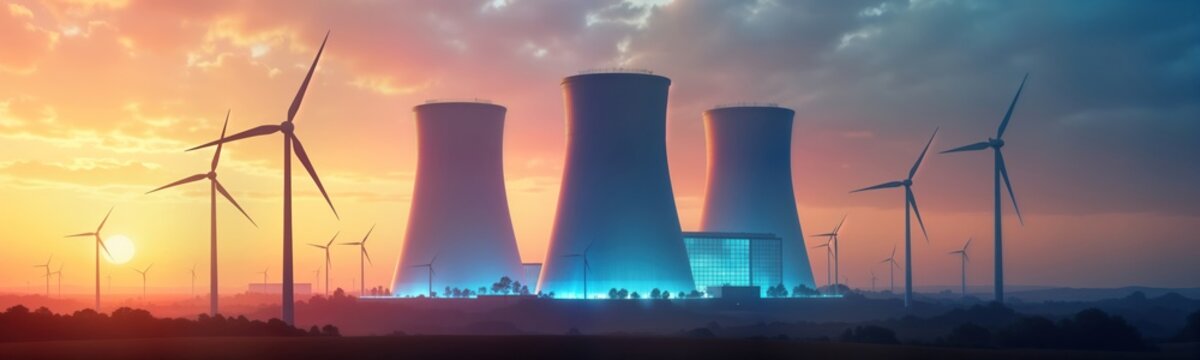 Eco-friendly nuclear facility blends seamlessly with renewable energy sources like wind, solar. Modern design sustainable energy tech at sunset. Advanced reactor, turbine tech contribute to clean