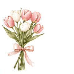 romantic bouquet of light pink and white tulips tied with ribbon