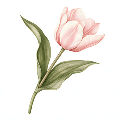 single tulip stem with soft pink petals and green leaves, beautifully illustrated