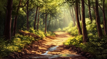Obraz premium Sunlit Forest Path: A Serene Woodland Walk