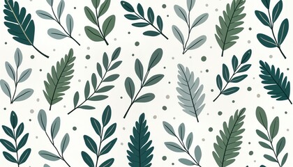 Seamless pattern design with hand-drawn leaves, branches. Trendy, minimal style. Perfect for fabric, wallpaper home decor. Stylish foliage shapes, muted colors. Modern nature-inspired graphic.
