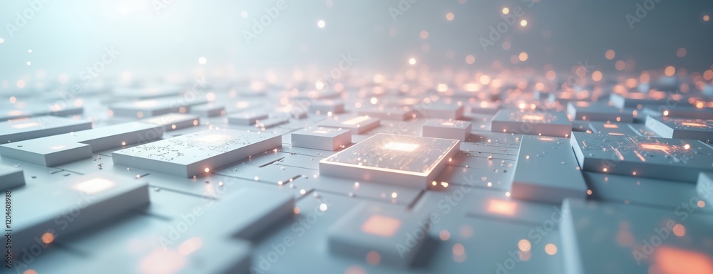 Poster Abstract illustration of tech system. Modern grid of white, gray blocks. Bright orange lights highlight specific tech components. Futuristic design evokes global data processing, communication.