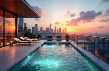 Obraz premium Luxury rooftop terrace with pool, city skyline view at sunset. Modern penthouse apartment hotel features stylish lounge area with sunbeds. Perfect for relaxation, tourism. View of skyscrapers,