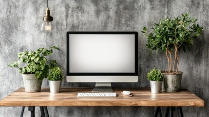 Modern Workspace Setup with Blank Computer Screen and Plants