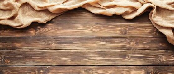 Rustic Wooden Background with Beige Burlap Fabric