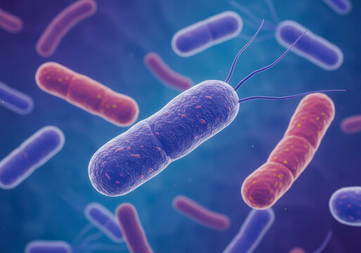 3D illustration showcasing various probiotic bacteria such as Lactobacillus, Bifidobacteria, Enterococcus, and Streptococcus thermophilus, emphasizing their role in gut health.