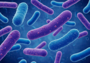 3D illustration showcasing various probiotic bacteria such as Lactobacillus, Bifidobacteria, Enterococcus, and Streptococcus thermophilus, emphasizing their role in gut health.
