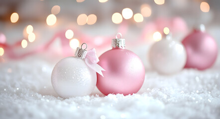 Elegant Christmas Decoration with Pink and Silver Baubles on Sparkling Snow