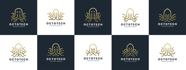 Collection of octopus logo designs. Octopus logo template made with lines.