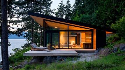 A modern, stylish cabin overlooking a serene lake, surrounded by lush trees, with large glass...