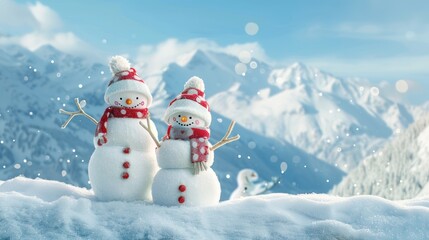 Fototapeta premium Two cheerful snowmen in snowy mountains.