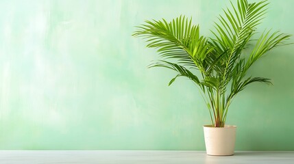 A vibrant green palm plant in a white pot sits against a soft mint-green wall, adding a refreshing touch to the space.