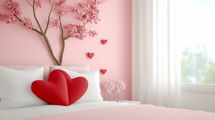A cozy bedroom featuring pink walls, a decorative tree branch with blossoms, and a large red heart pillow on the bed, exuding a romantic atmosphere.