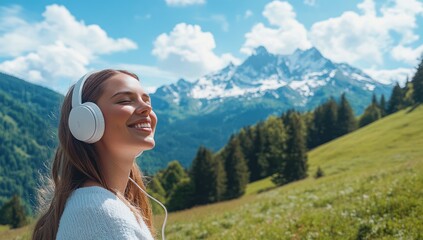 Naklejka premium A woman in white headphones smiles while listening to music against the background of green mountains and forests, a blue sky with clouds, and snowy peaks.