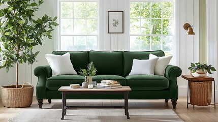 A modern, cozy living room featuring a green sofa, decorative pillows, a wooden coffee table, plants, and natural light from large windows.