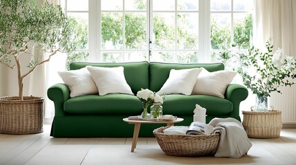A stylish green sofa adorned with white cushions, surrounded by plants and woven baskets, creating a cozy and inviting living space.