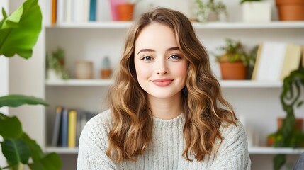 A young woman with wavy hair smiles warmly, seated in front of shelves adorned with plants and books, exuding a cozy and inviting atmosphere.