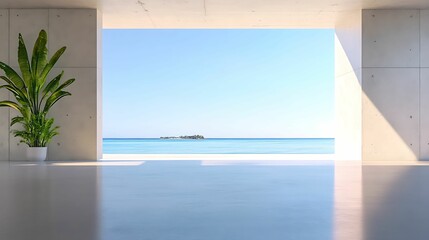 A modern interior space with a large opening showcasing a serene ocean view and a single green plant, creating a calming atmosphere.