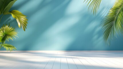 A serene backdrop featuring a light blue wall and lush green palm leaves, creating a tropical ambiance.