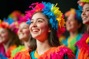 Smiling girl in colorful costume during performance on stage