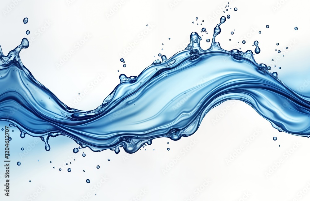 Poster water waves flow with splashes, bubbles on white background. liquid dynamic forms. perfect for water