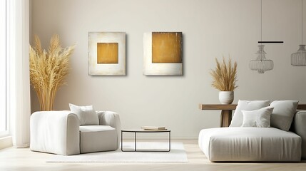 A modern living room featuring neutral tones, stylish furniture, and decorative art pieces, creating a cozy and inviting atmosphere.