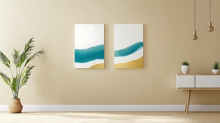 A modern interior featuring two abstract wall art pieces with blue and gold tones, complemented by a plant and minimalist furniture.